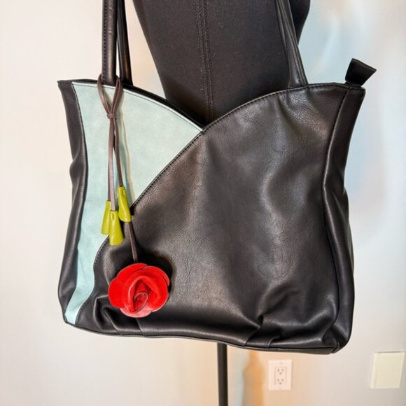 ESPE Blue Crystal Vegan Leather Shoulder Bag Red Rose Zipper Closure - Picture 2 of 9